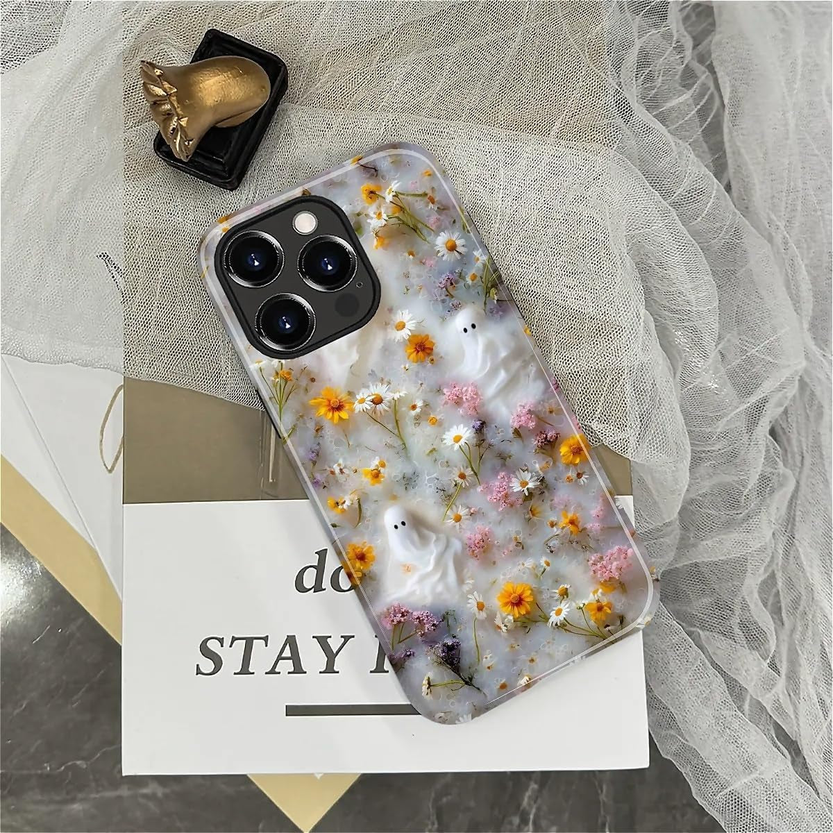 Case for Iphone 13 Pro,Shockproof Hard Shell + Soft Silicone 2 in 1 Hybrid,Shockproof Bumper Drop Protective - Ghost Floral Halloween