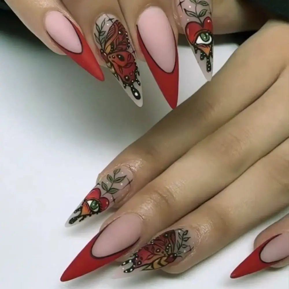 24Pc Halloween False Nails Long Almond Fake Nails Sharp Nail French Ballerina Diamond Press on Nails Artificial Nail Enhancement