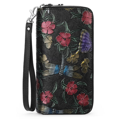 Floral Women'S Wallet Large Capacity Double Zip Ladies Card Phone Holder RFID Blocking Wristlet Leather with Gift Box