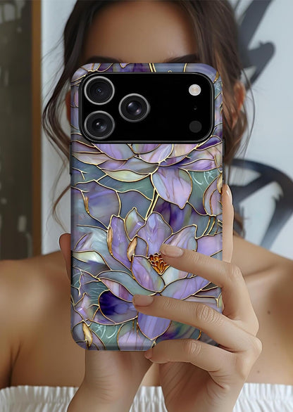 For Iphone 17 Pro Max Case,With Cute Wildflower Design,Dual Layer Soft TPU Hard PC Bumper Case,Protective Phone Cover for Women Girls- Stained Glass-Style Lotus Flowers