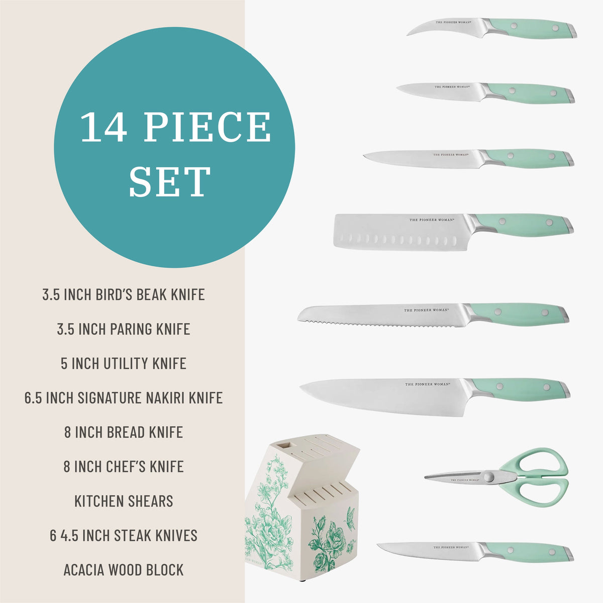 14 Pieces Knife Set with Decal Block Stainless Steel Knives, Forged, Green Agatha