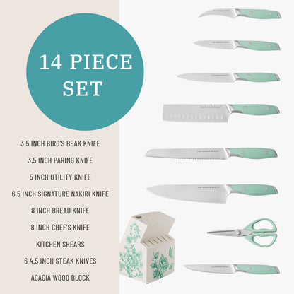 14 Pieces Knife Set with Decal Block Stainless Steel Knives, Forged, Green Agatha