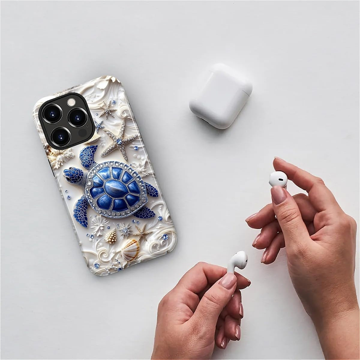 Case for Iphone 15 Pro Max, Hybrid Heavy Duty 2 in 1 Full Body Rugged Shockproof Protection Glossy Case for Iphone 15 Pro Max - Sea Turtle Starfish Ocean