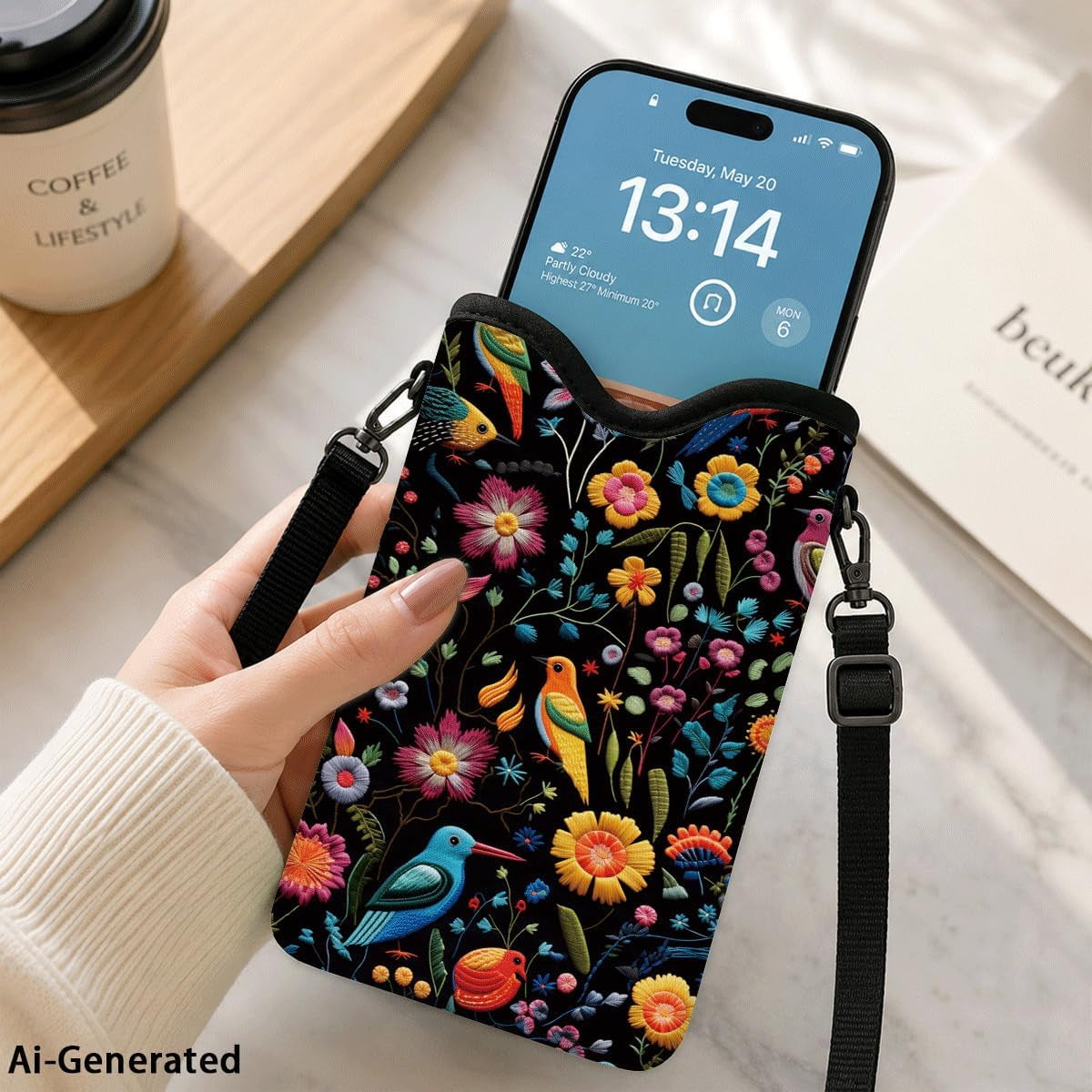 Neoprene Cell Phone Sleeve Pouch Case Bag, 7.1 X 3.9 In, Shockproof Phone Bag for Men Women with Crossbody Strap Neck Lanyard, Fits Most Phones, Tropical Birds