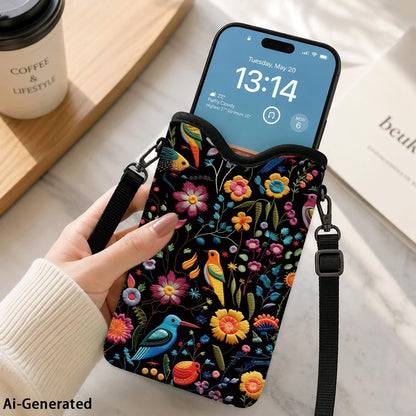 Neoprene Cell Phone Sleeve Pouch Case Bag, 7.1 X 3.9 In, Shockproof Phone Bag for Men Women with Crossbody Strap Neck Lanyard, Fits Most Phones, Tropical Birds