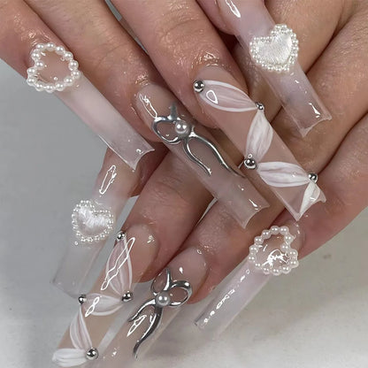 24Pcs Long French Fake Nails with Glue Ballet False Nails Butterfly Rhinestone Design Press on Nails Wearable Coffin Nail Tips
