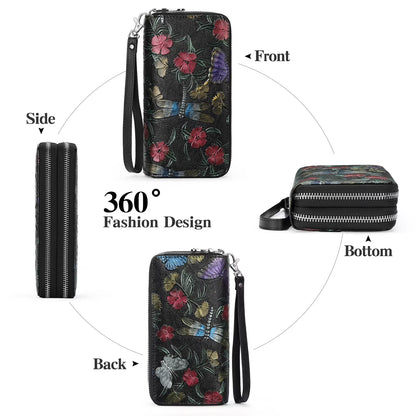 Floral Women'S Wallet Large Capacity Double Zip Ladies Card Phone Holder RFID Blocking Wristlet Leather with Gift Box
