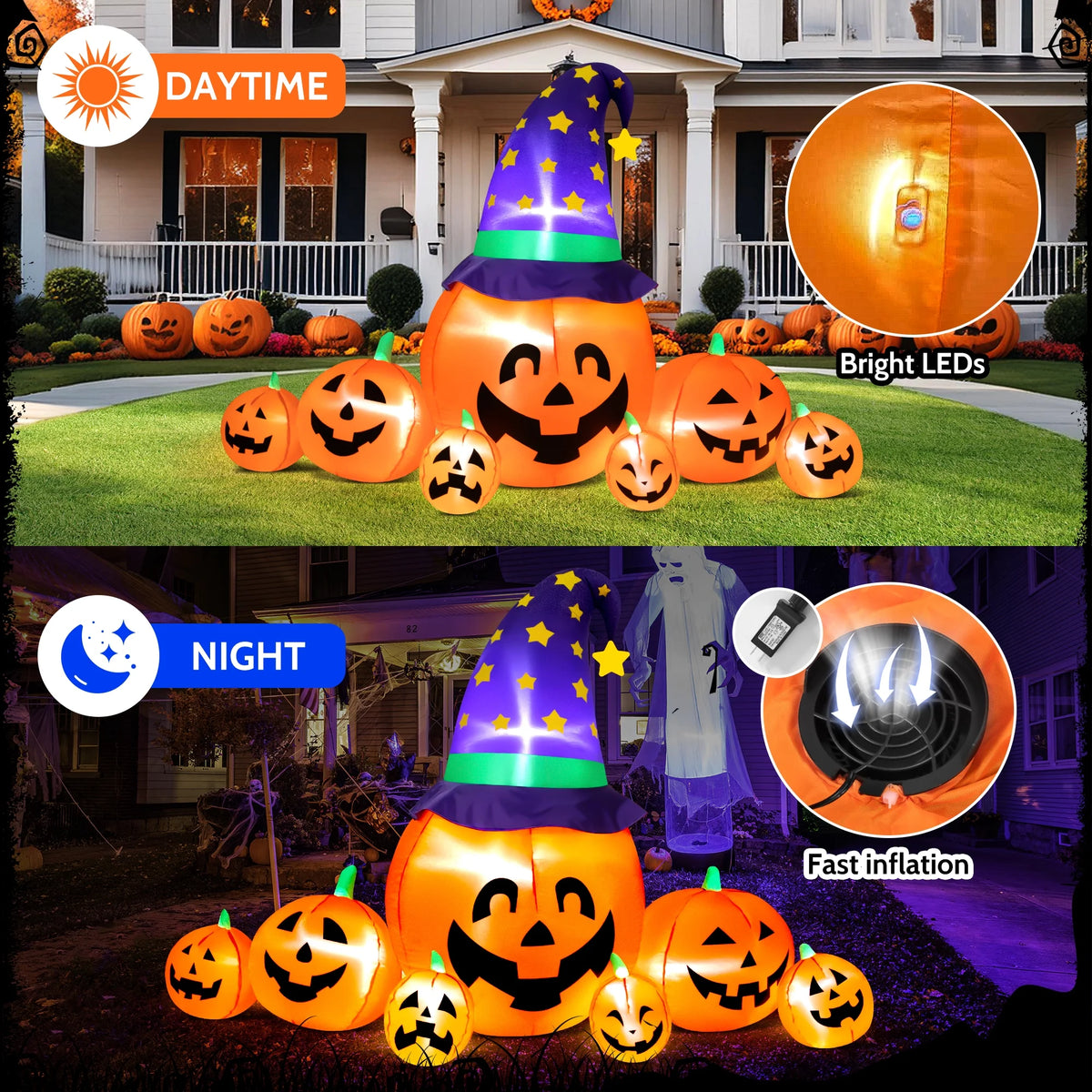 8.7Ft Halloween Inflatables Pumpkins 7 Blow up Decor with Witches Hat, Built-In LED Lights for Halloween Party, Yard, Garden, Lawn