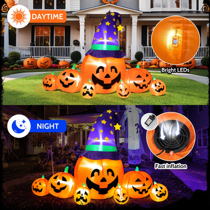 8.7Ft Halloween Inflatables Pumpkins 7 Blow up Decor with Witches Hat, Built-In LED Lights for Halloween Party, Yard, Garden, Lawn