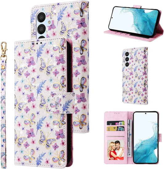 Wallet Case for Samsung Galaxy A16 4G/5G, PU Leather Phone Cover Kickstand RFID Blocking Flip Case Card Slots Wrist Strap Relief Engraved Pattern Magnetic Closure Folio Cover - Butterfly