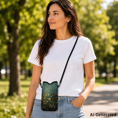Neoprene Cell Phone Sleeve Pouch Case Bag with Crossbody Strap for Women Men, 7.1X3.9 In, Shockproof Phone Bag with Neck Lanyard, Fits Most Phones, Dark Meadow Floral