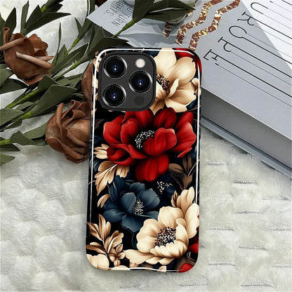 Case for Iphone 15 Pro,Shockproof Hard Shell + Soft Silicone 2 in 1 Hybrid,Shockproof Bumper Drop Protective - Black Red Flowers