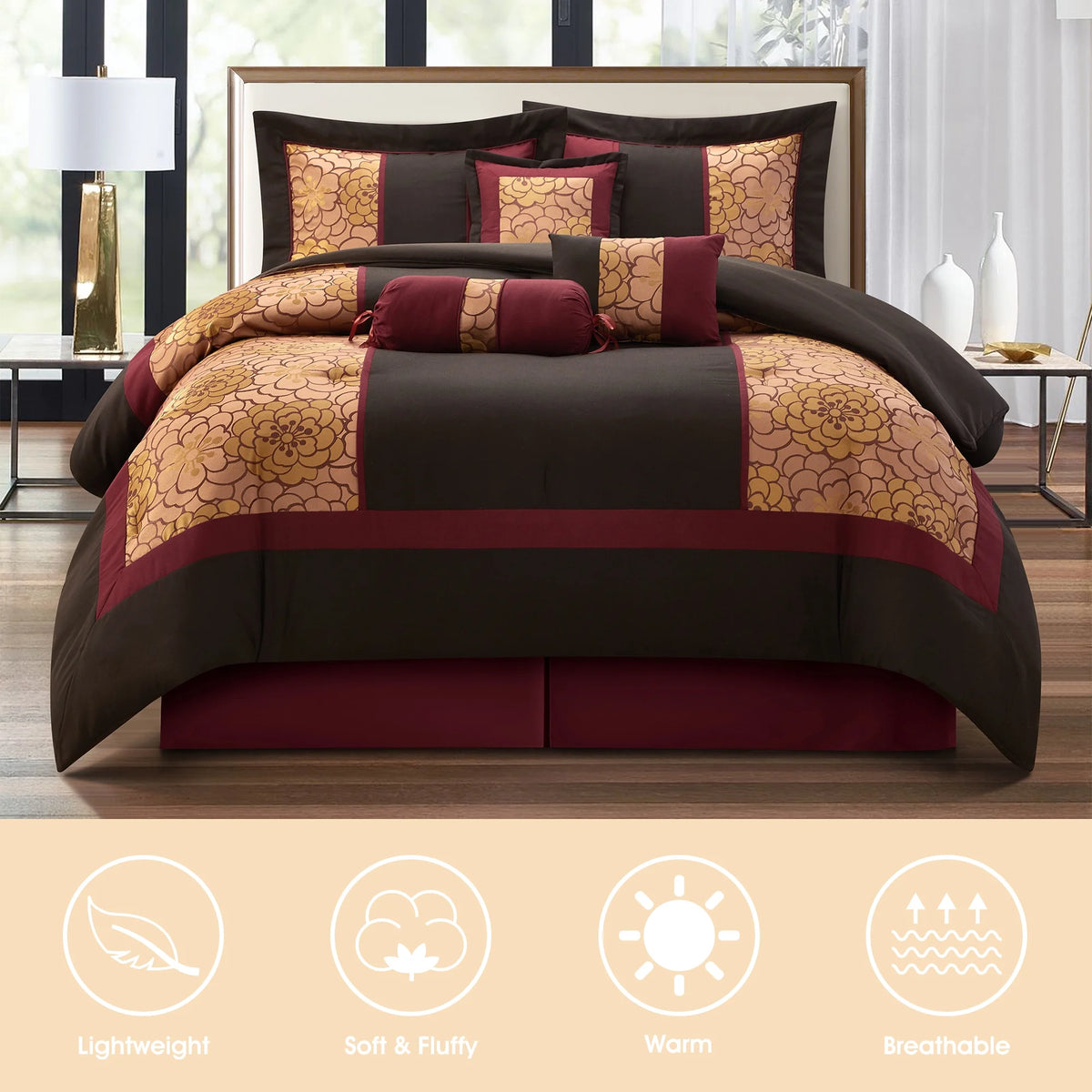 Lanco Nellie Floral 7-Piece Comforter Bedding Set,Classic, Bed Size Queen, Chocolate Brown, Fill Polyester, Floral