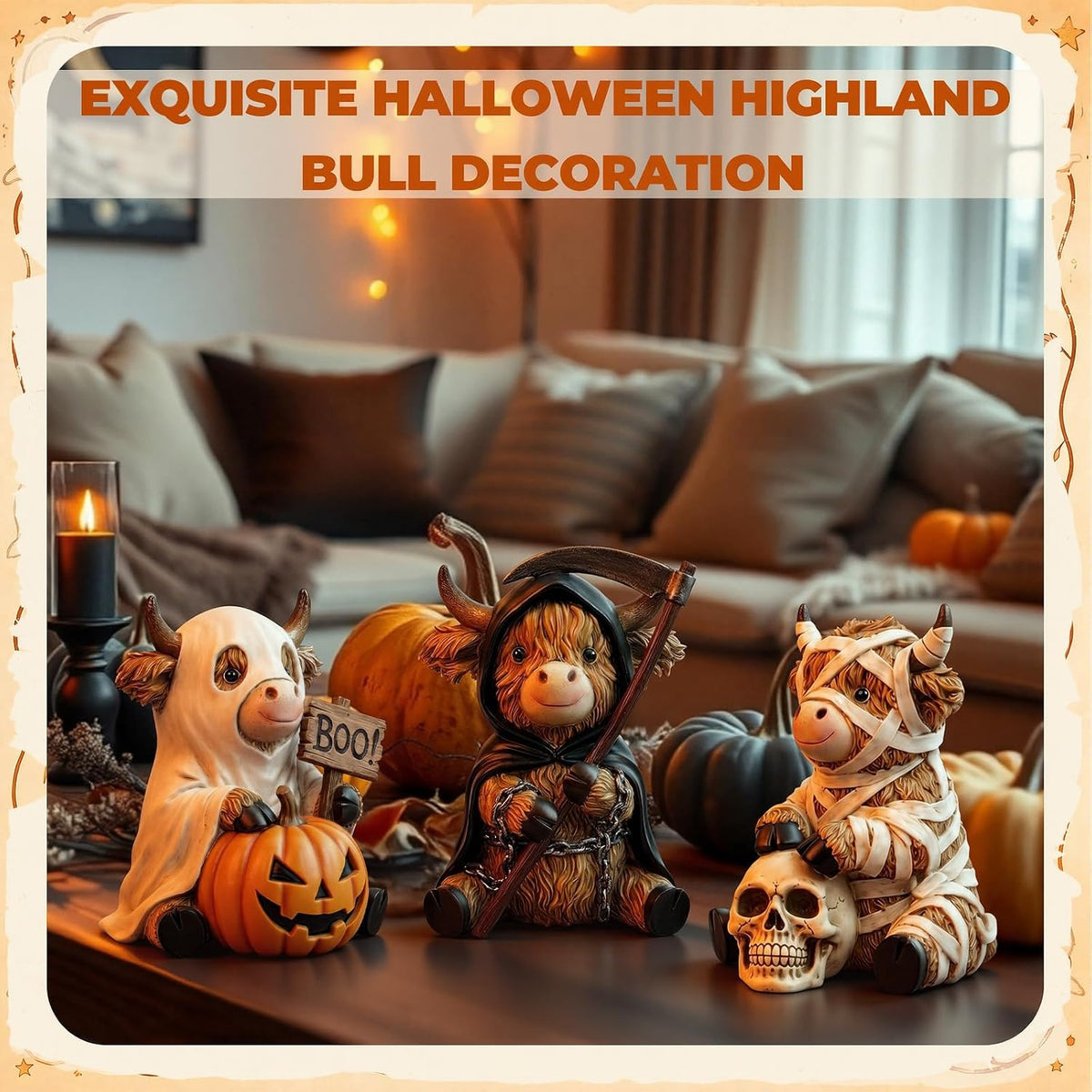 3 Pcs Halloween Highland Cow Figurines, Mummy Reaper Ghos Decor