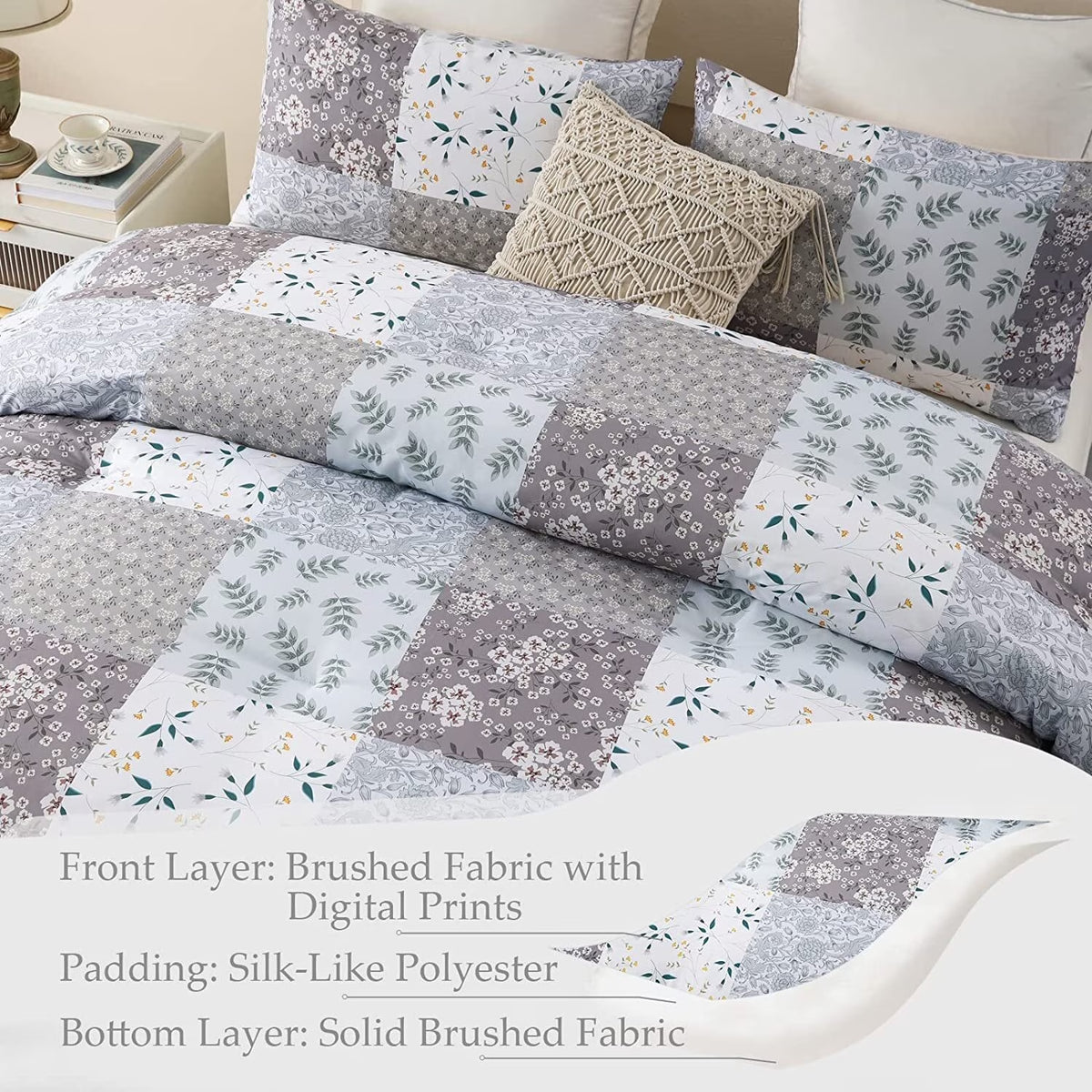 3-Piece King Comforter Set, Soft Reversible Bedding Comforter Sets, Patchwork Printed down Alternative Comforter Duvet for All Seasons, Grey