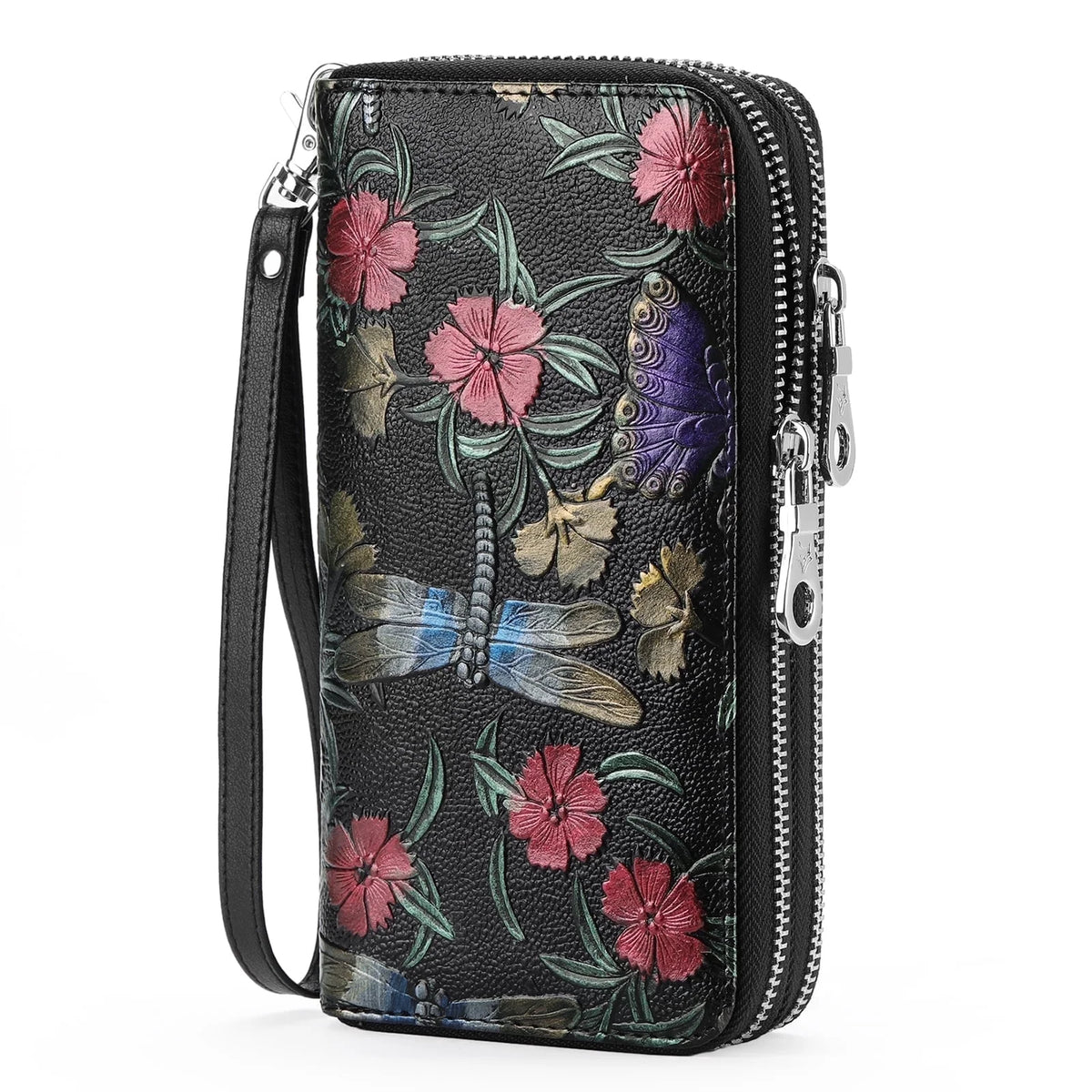 Floral Women'S Wallet Large Capacity Double Zip Ladies Card Phone Holder RFID Blocking Wristlet Leather with Gift Box
