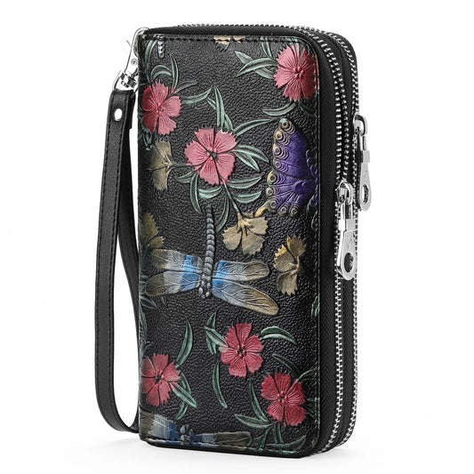 Floral Women'S Wallet Large Capacity Double Zip Ladies Card Phone Holder RFID Blocking Wristlet Leather with Gift Box