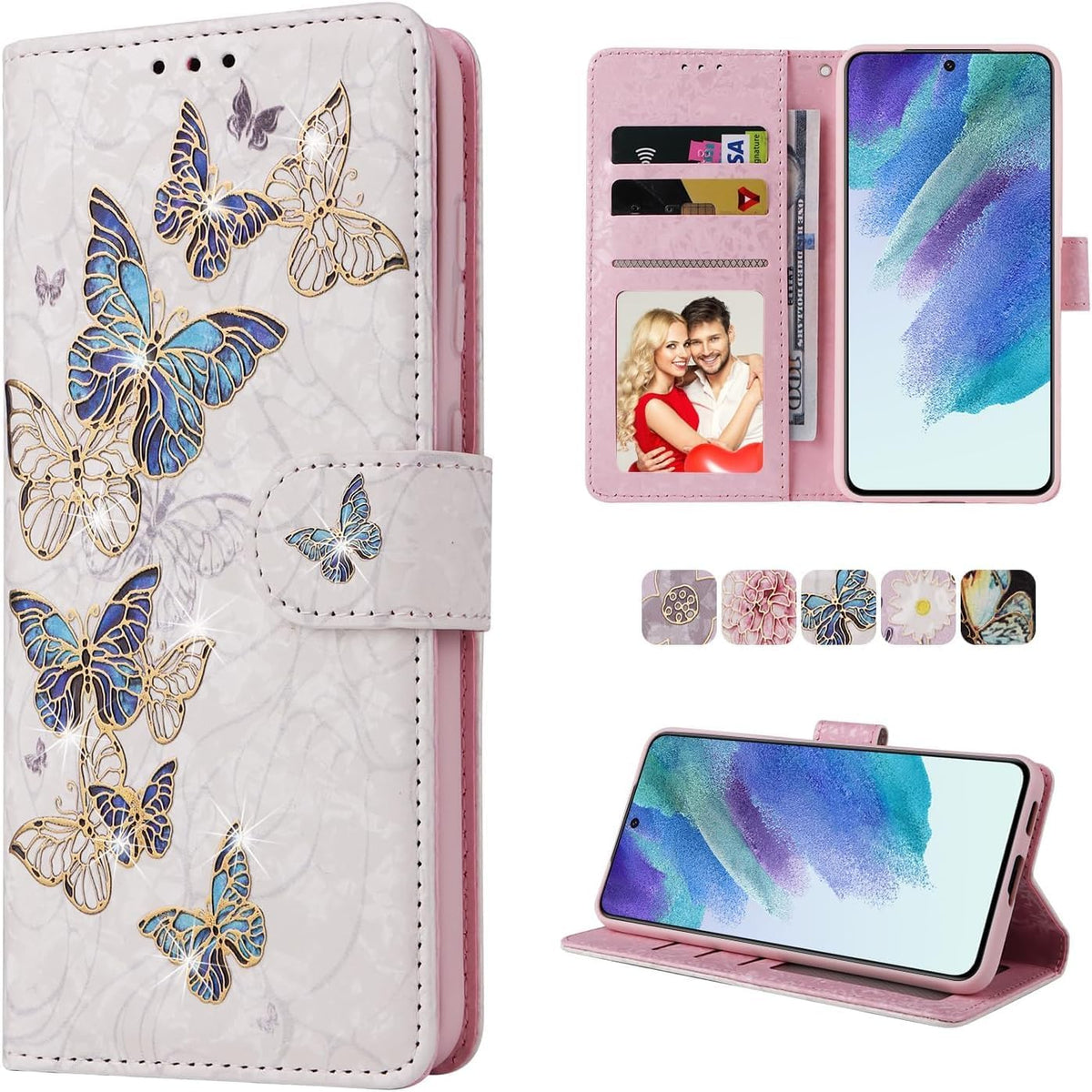 Wallet Case for Samsung Galaxy A15 4G/5G, PU Leather Phone Case Kickstand RFID Blocking Flip Case Card Slots Wrist Strap Relief Engraved Pattern Magnetic Closure Folio Case - Blue Butterfly