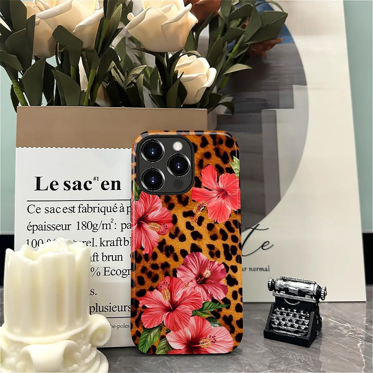 Case for Iphone 15 Pro Max, Hybrid Heavy Duty 2 in 1 Full Body Rugged Shockproof Protection Glossy Case for Iphone 15 Pro Max - Leopard Tropical Beachy Floral