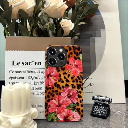 Case for Iphone 15 Pro Max, Hybrid Heavy Duty 2 in 1 Full Body Rugged Shockproof Protection Glossy Case for Iphone 15 Pro Max - Leopard Tropical Beachy Floral