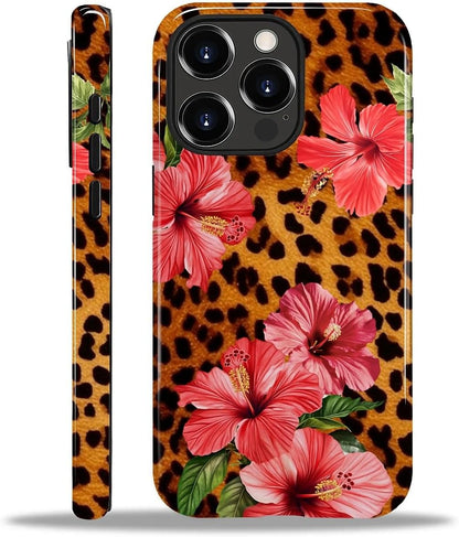 Case for Iphone 15 Pro Max, Hybrid Heavy Duty 2 in 1 Full Body Rugged Shockproof Protection Glossy Case for Iphone 15 Pro Max - Leopard Tropical Beachy Floral
