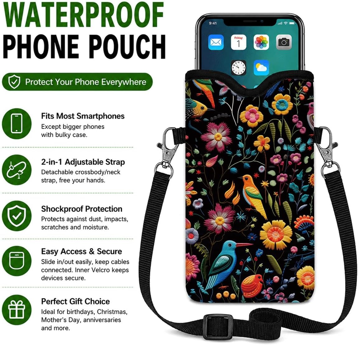 Neoprene Cell Phone Sleeve Pouch Case Bag, 7.1 X 3.9 In, Shockproof Phone Bag for Men Women with Crossbody Strap Neck Lanyard, Fits Most Phones, Tropical Birds