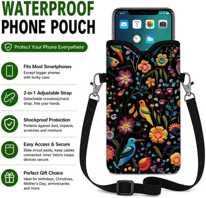Neoprene Cell Phone Sleeve Pouch Case Bag, 7.1 X 3.9 In, Shockproof Phone Bag for Men Women with Crossbody Strap Neck Lanyard, Fits Most Phones, Tropical Birds
