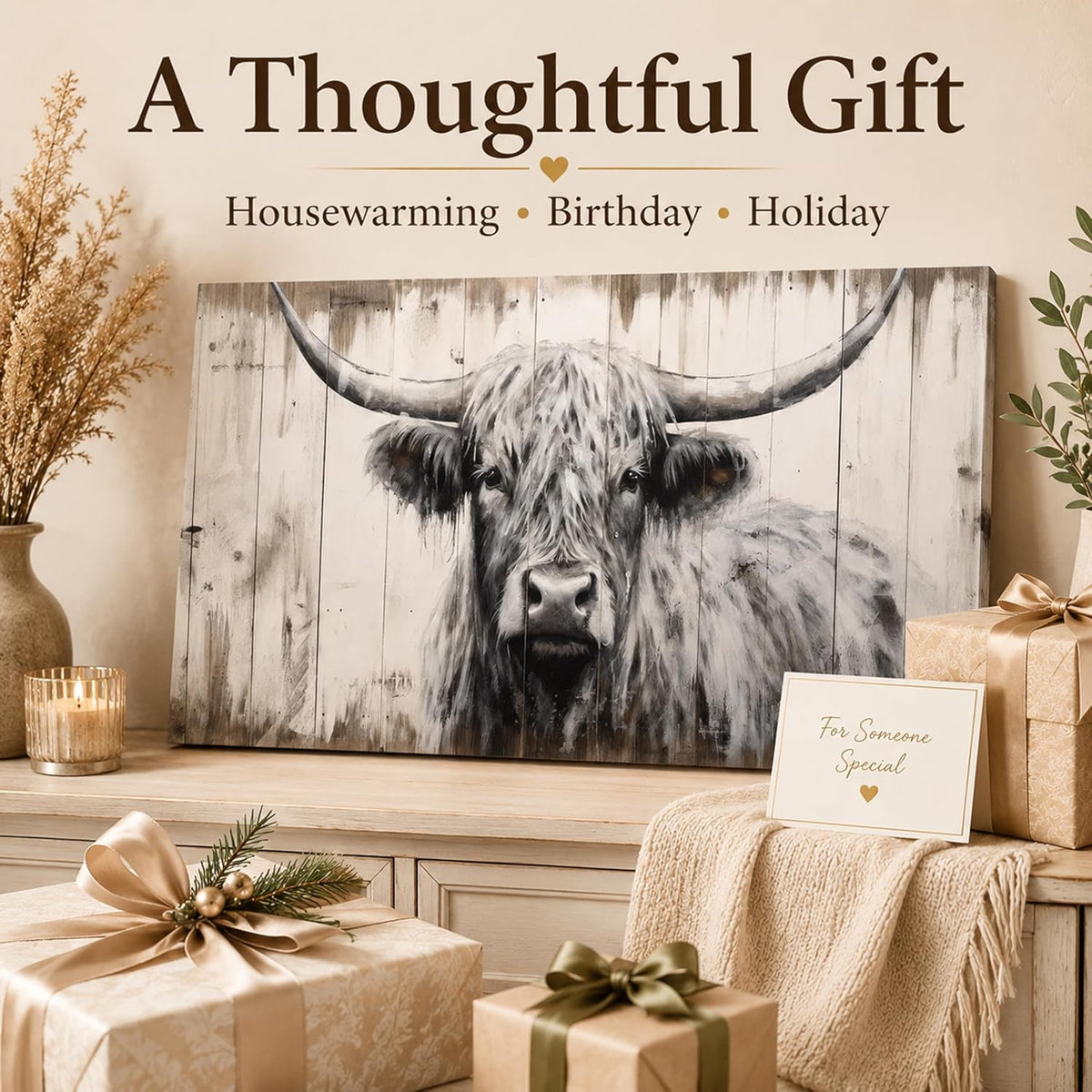 Large Highland Cow Canvas Wall Art, Black and White Cow Picture, 20X40 Inch