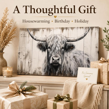 Large Highland Cow Canvas Wall Art, Black and White Cow Picture, 20X40 Inch