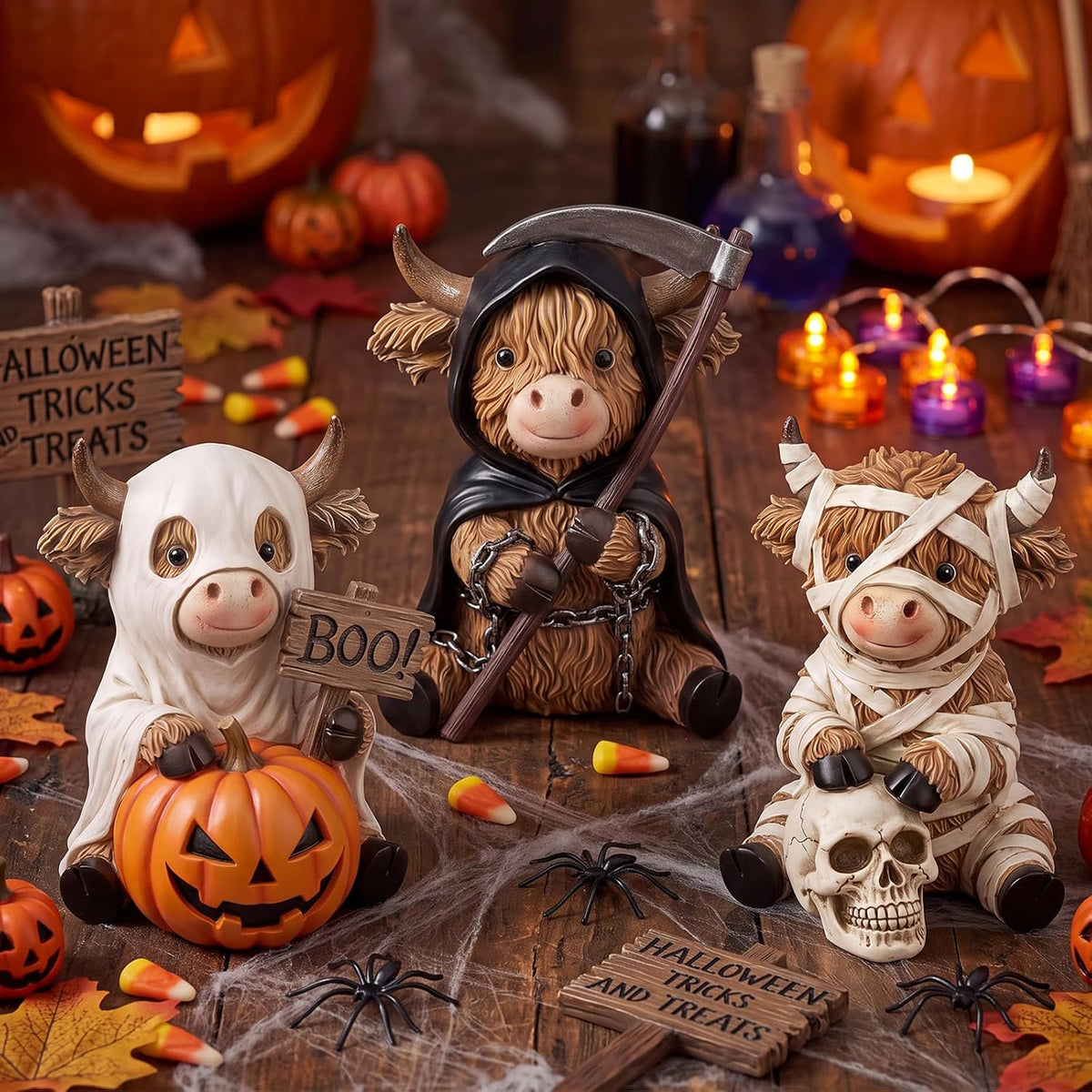 3 Pcs Halloween Highland Cow Figurines, Mummy Reaper Ghos Decor