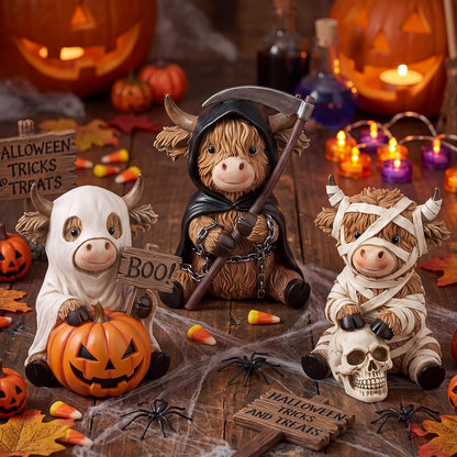 3 Pcs Halloween Highland Cow Figurines, Mummy Reaper Ghos Decor