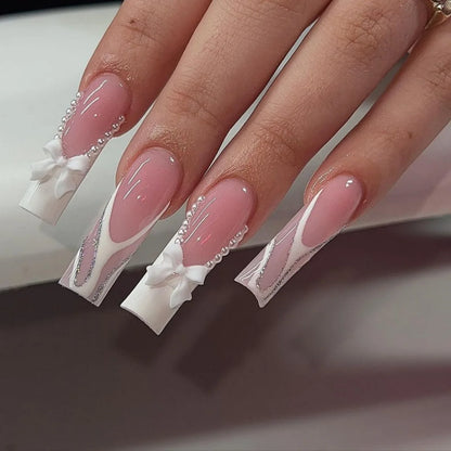 24Pcs Long French Fake Nails with Glue Ballet False Nails Butterfly Rhinestone Design Press on Nails Wearable Coffin Nail Tips