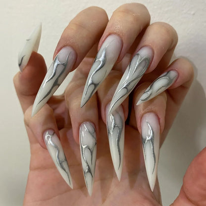 24Pc Halloween False Nails Long Almond Fake Nails Sharp Nail French Ballerina Diamond Press on Nails Artificial Nail Enhancement