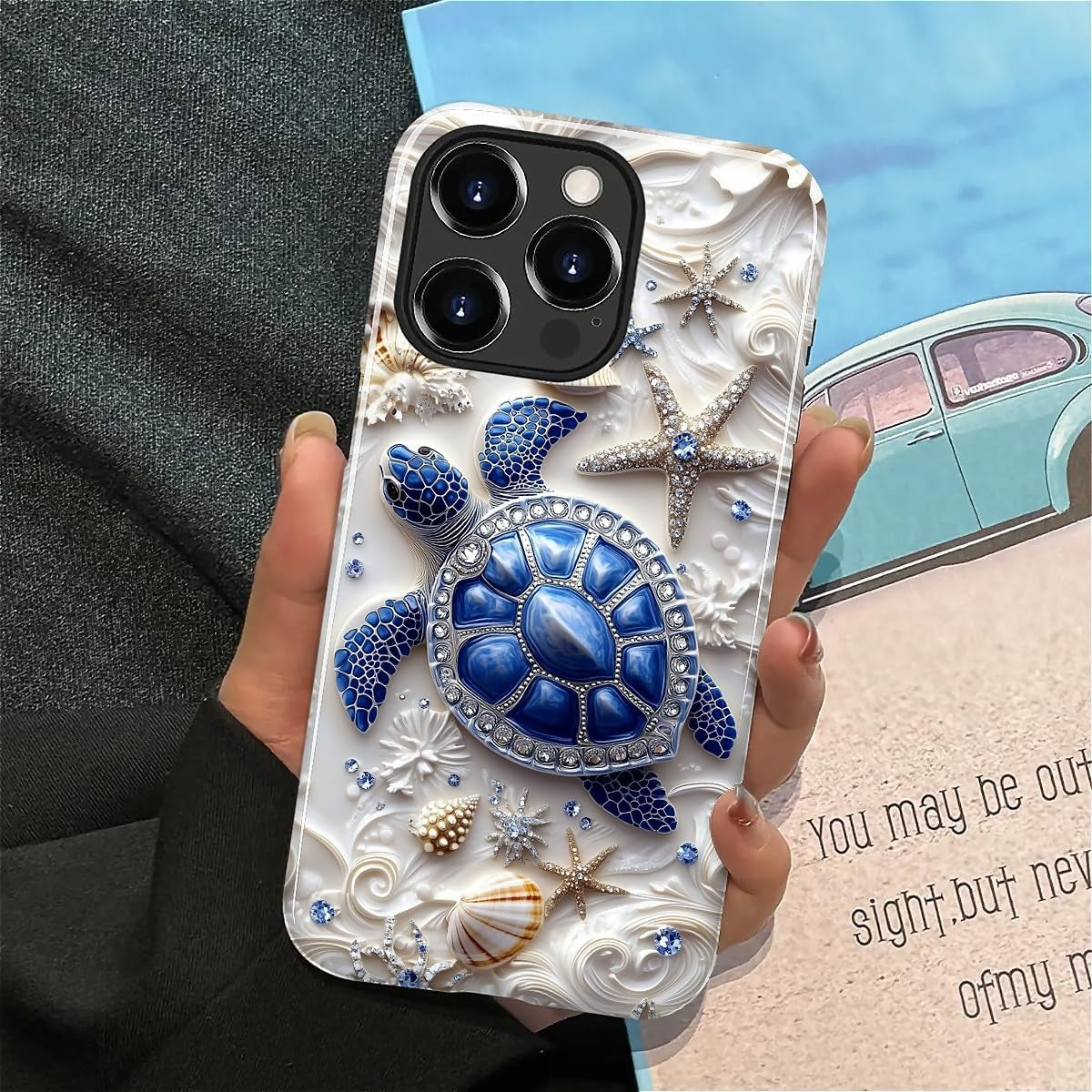 Case for Iphone 15 Pro Max, Hybrid Heavy Duty 2 in 1 Full Body Rugged Shockproof Protection Glossy Case for Iphone 15 Pro Max - Sea Turtle Starfish Ocean