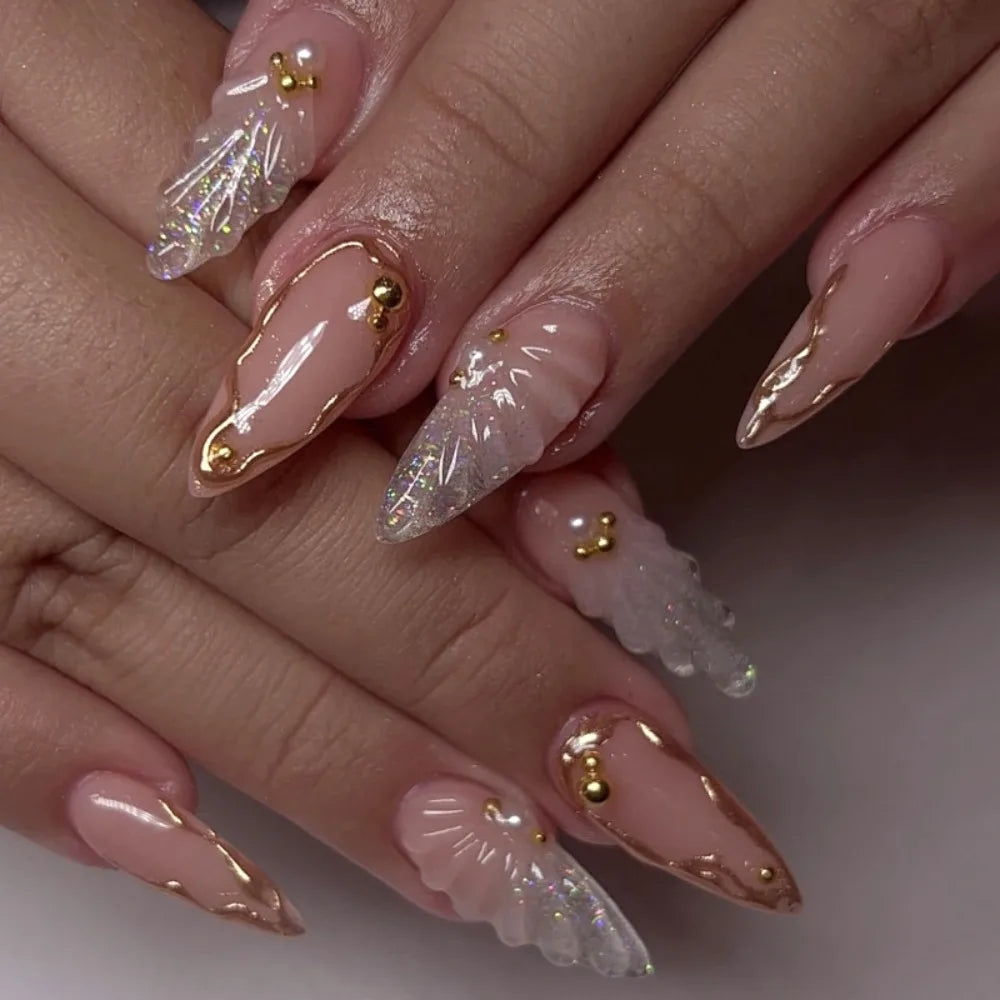24Pcs Gradient Pink Fake Nails Long Almond False Nails with Pearl Sparkling Design Press on Nails Wearable Manicure Nail Tips