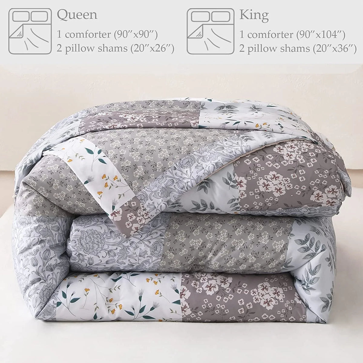 3-Piece King Comforter Set, Soft Reversible Bedding Comforter Sets, Patchwork Printed down Alternative Comforter Duvet for All Seasons, Grey