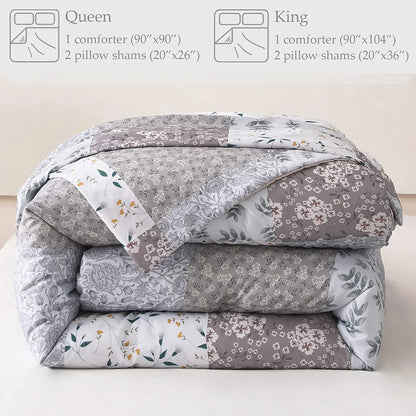 3-Piece King Comforter Set, Soft Reversible Bedding Comforter Sets, Patchwork Printed down Alternative Comforter Duvet for All Seasons, Grey