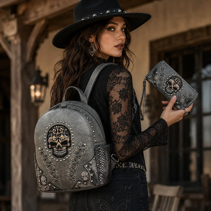 Gothic Skull Backpack Purse and Wallet Set for Women