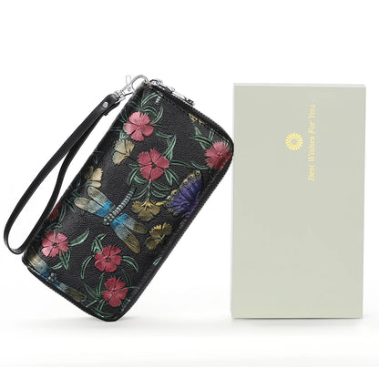 Floral Women'S Wallet Large Capacity Double Zip Ladies Card Phone Holder RFID Blocking Wristlet Leather with Gift Box