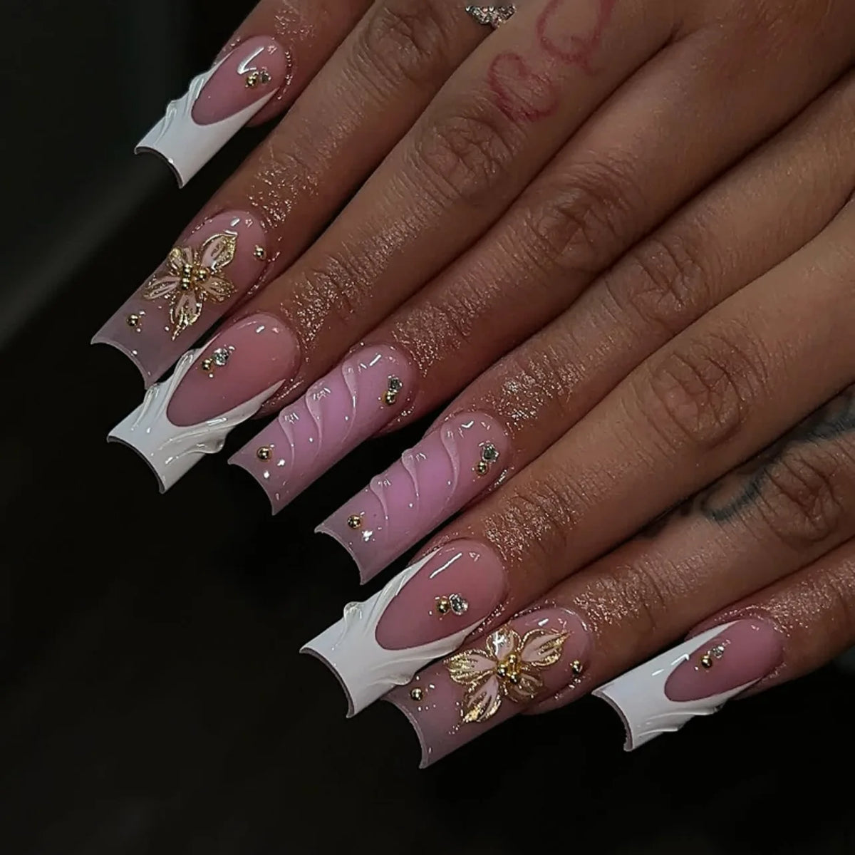 24Pcs Rhinestones Press on Nails Art Datachable Glitter French Acrylic Nails Tip Flower Long Square Fake Nail Pink False Nails