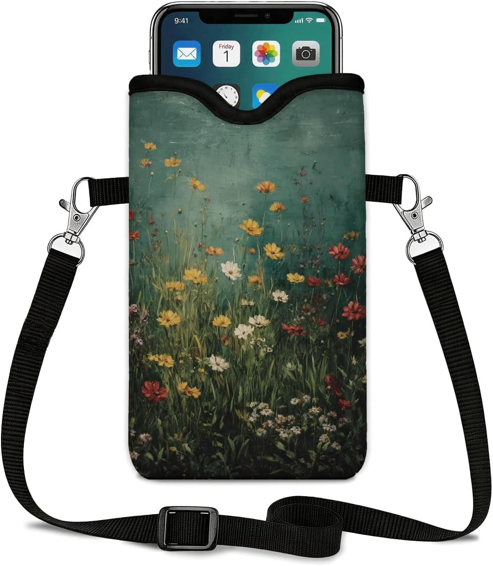 Neoprene Cell Phone Sleeve Pouch Case Bag with Crossbody Strap for Women Men, 7.1X3.9 In, Shockproof Phone Bag with Neck Lanyard, Fits Most Phones, Dark Meadow Floral