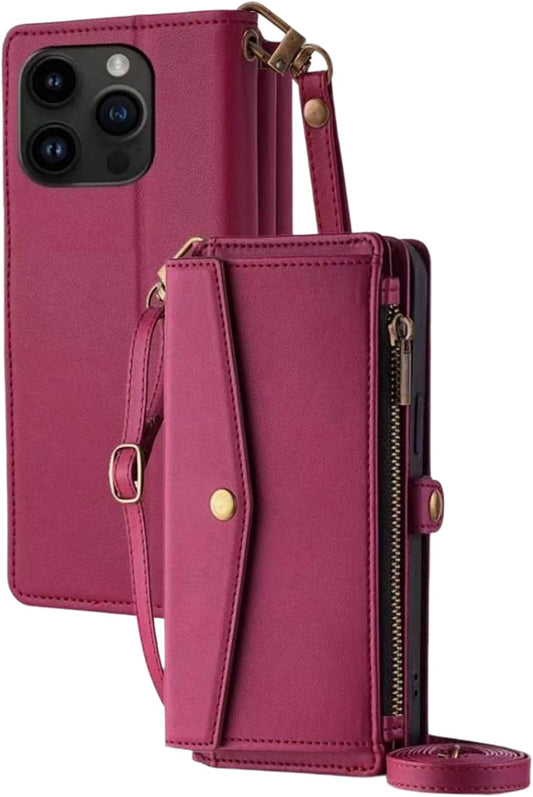 Wallet Case for Iphone 16 Pro Max Red with Card Holder & Strap