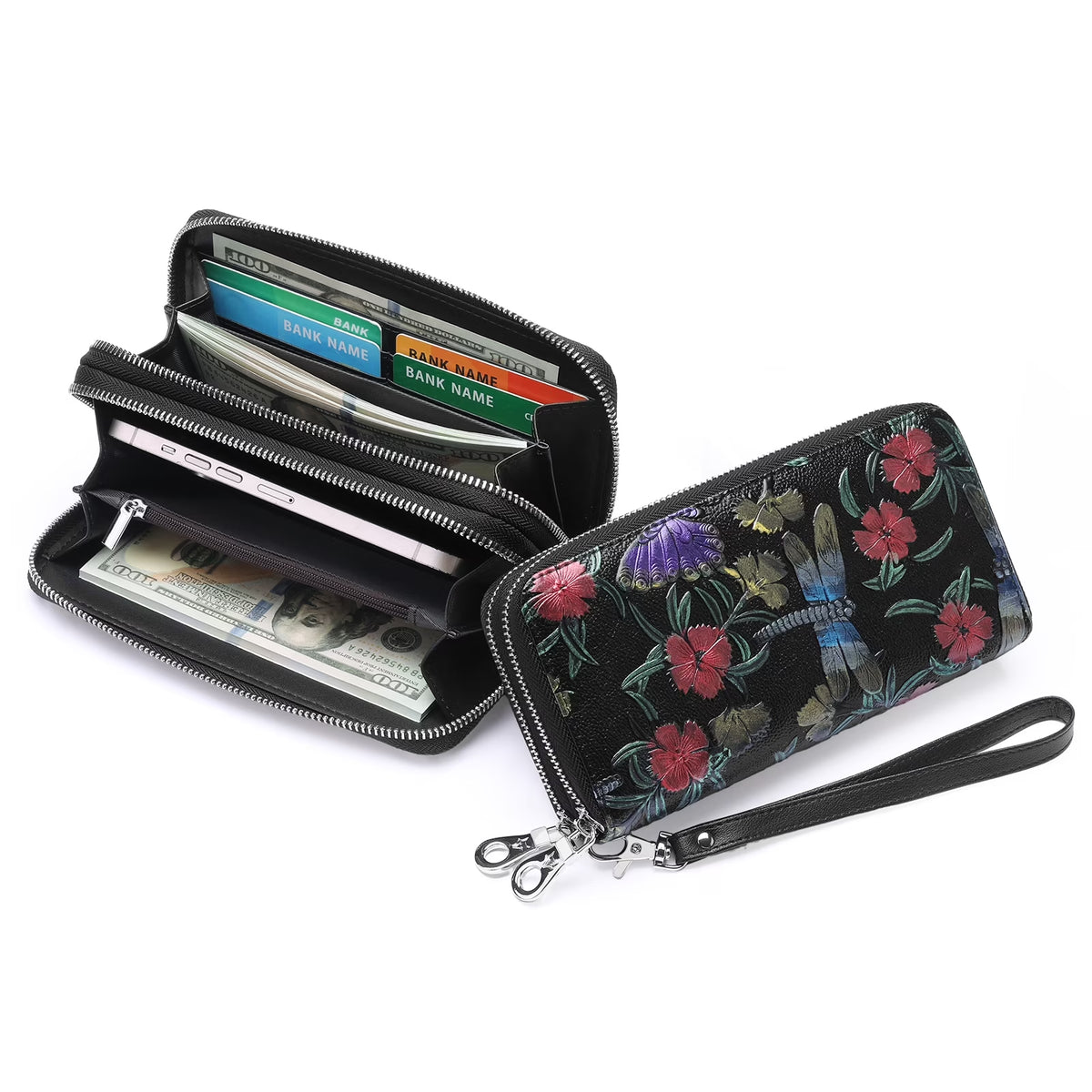 Floral Women'S Wallet Large Capacity Double Zip Ladies Card Phone Holder RFID Blocking Wristlet Leather with Gift Box