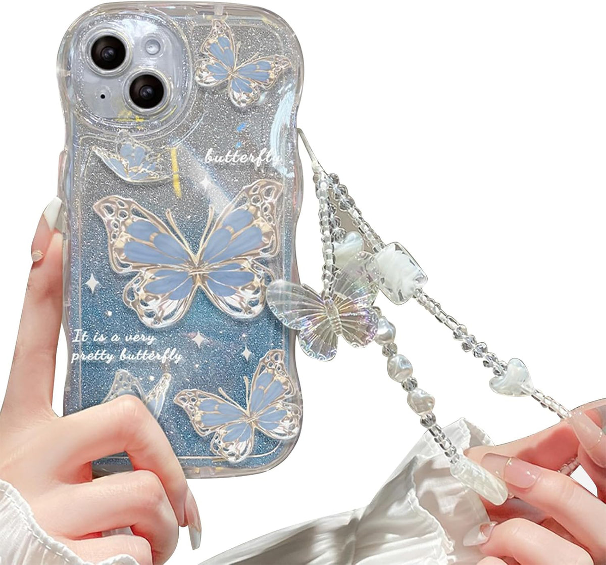 Cute Butterfly Glitter Bling Case Compatible with Iphone 13 | Anti-Scratch Shockproof Case, for Women/Girls, Blue with Bracelets.