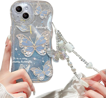 Cute Butterfly Glitter Bling Case Compatible with Iphone 13 | Anti-Scratch Shockproof Case, for Women/Girls, Blue with Bracelets.