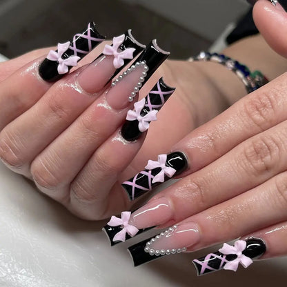 24Pcs Rhinestones Press on Nails Art Datachable Glitter French Acrylic Nails Tip Flower Long Square Fake Nail Pink False Nails