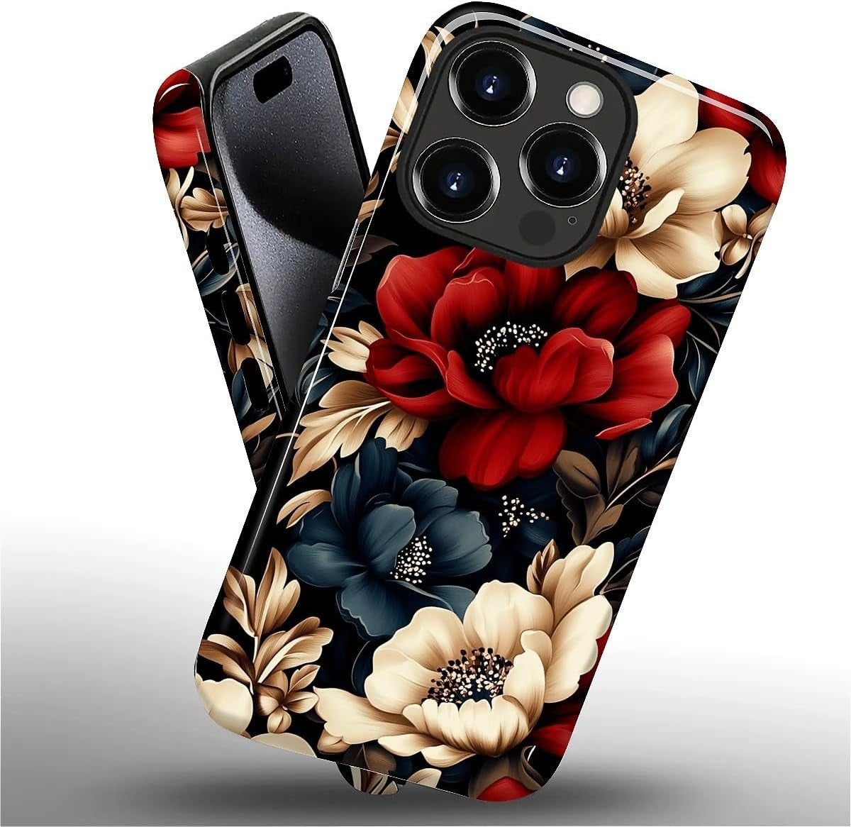 Case for Iphone 15 Pro,Shockproof Hard Shell + Soft Silicone 2 in 1 Hybrid,Shockproof Bumper Drop Protective - Black Red Flowers