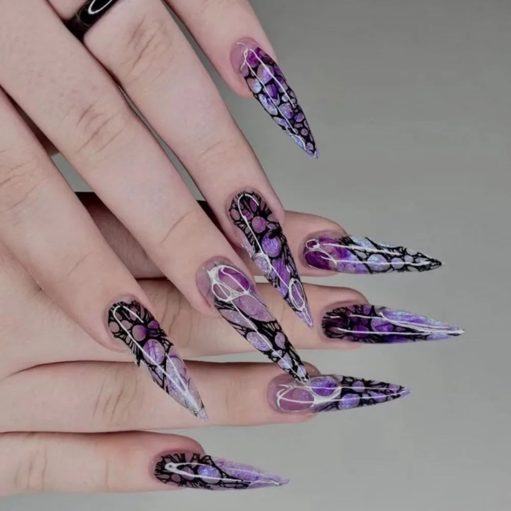24Pc Halloween False Nails Long Almond Fake Nails Sharp Nail French Ballerina Diamond Press on Nails Artificial Nail Enhancement