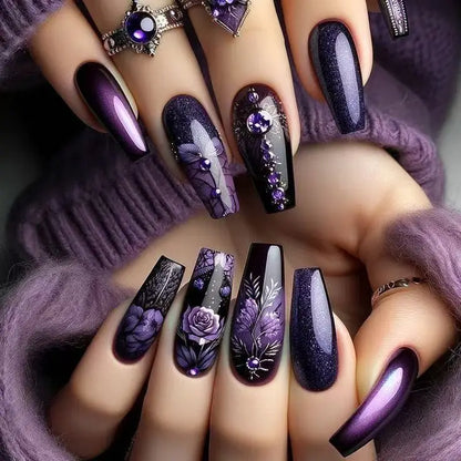 24Pcs Long French Fake Nails with Glue Ballet False Nails Butterfly Rhinestone Design Press on Nails Wearable Coffin Nail Tips