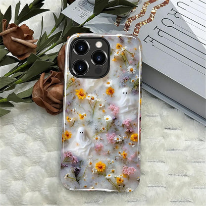 Case for Iphone 13 Pro,Shockproof Hard Shell + Soft Silicone 2 in 1 Hybrid,Shockproof Bumper Drop Protective - Ghost Floral Halloween